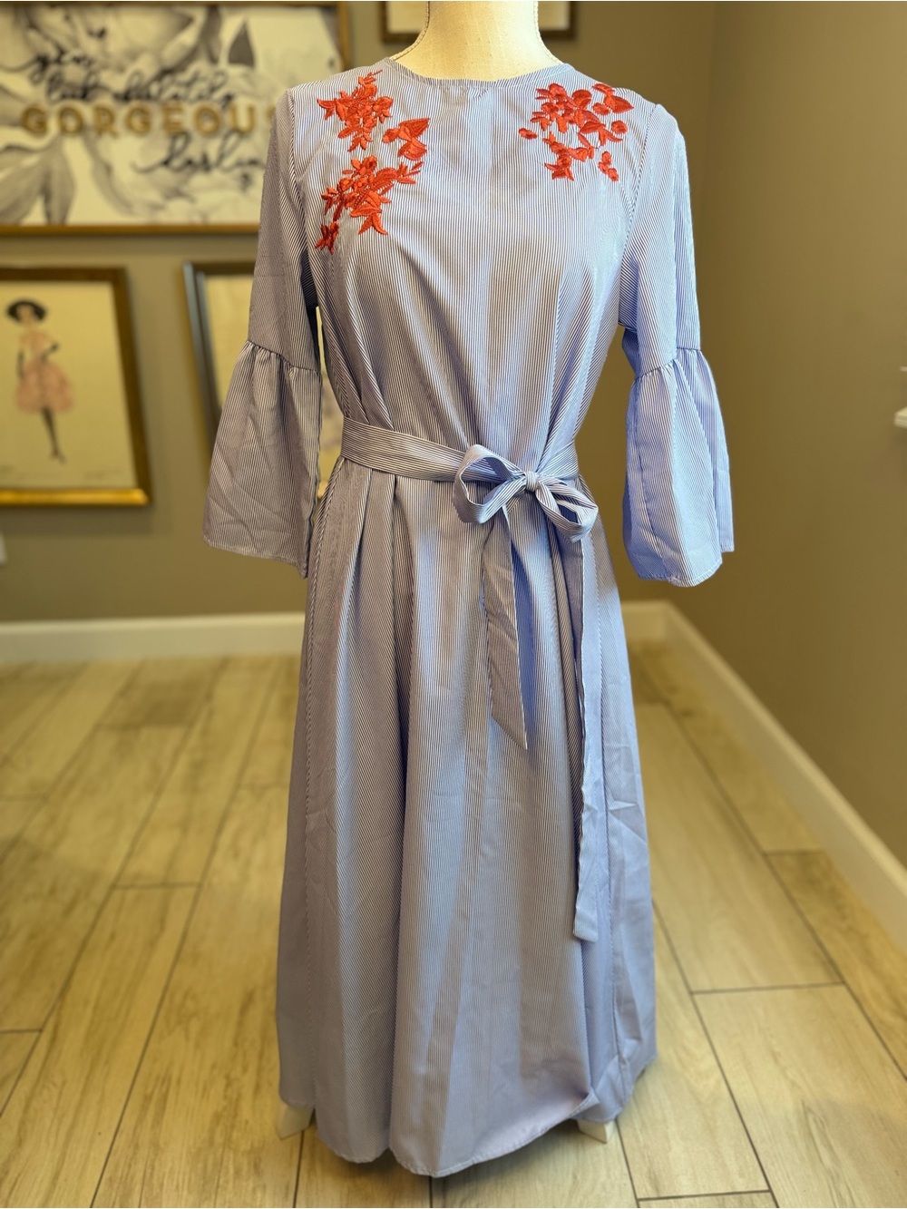 5 for $30 SHEIN Blue & White Striped Midi Dress with Red Floral Embroidery